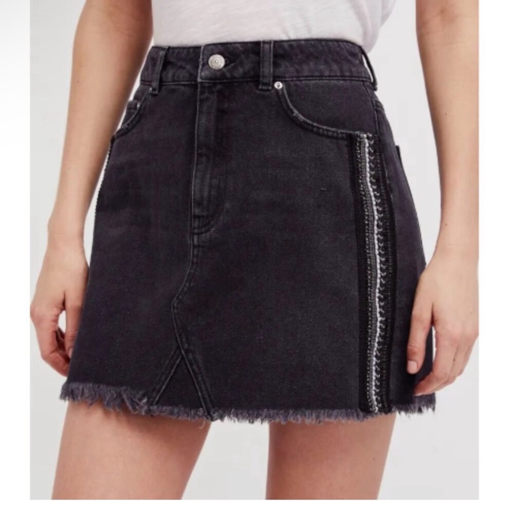 Free People | Black Denim A-Line Mini Skirt with Side Trim